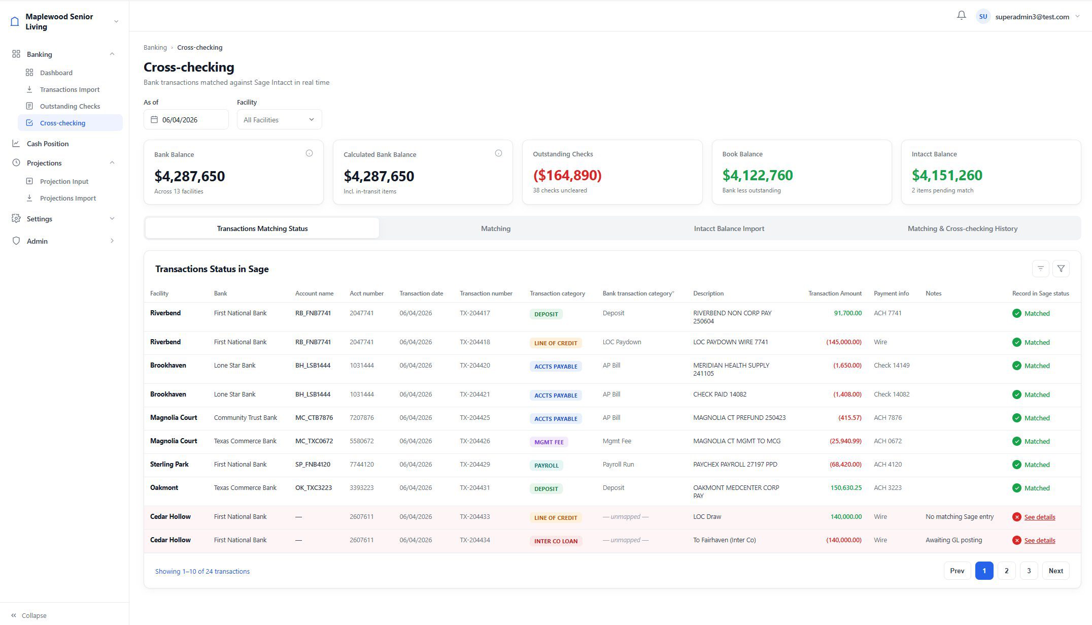 Cross-checking view matching bank transactions against Sage Intacct records, with matched transactions confirmed and unmatched transactions flagged for AP review